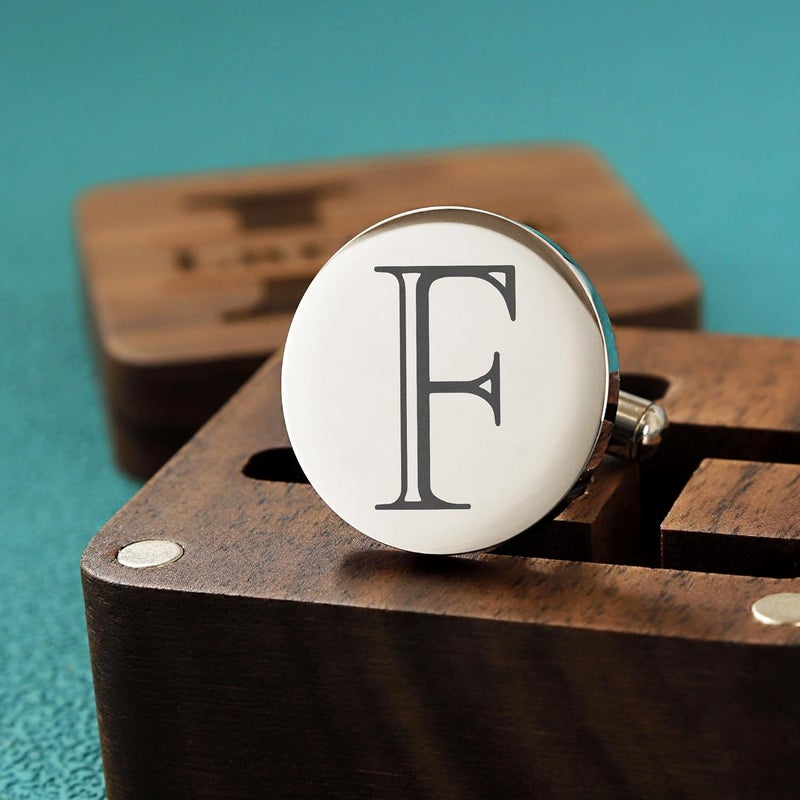 SeemDanten Mens Classic Initial Cuff links A-Z Alphabet 26 Letters Stainless Steel Silver CuffLinks with Engraved Walnut Wood Gift Box Business Wedding Set - Image 4